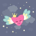 Cute magical heart with wings and crown in little princess theme.